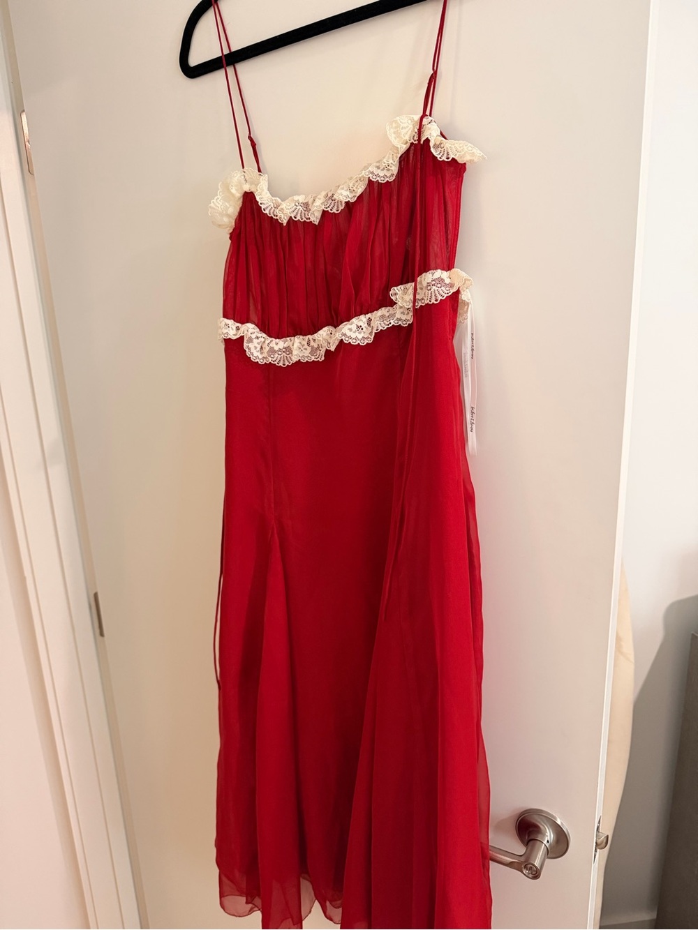 For Love And Lemons Charlotte Midi Red Dress with Cream Lace Trim - Picture 3 of 10